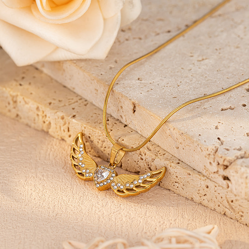 Wing-shaped Inlaid Rhinestone Stainless Steel Pendant Necklace