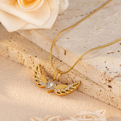 Wing-shaped Inlaid Rhinestone Stainless Steel Pendant Necklace